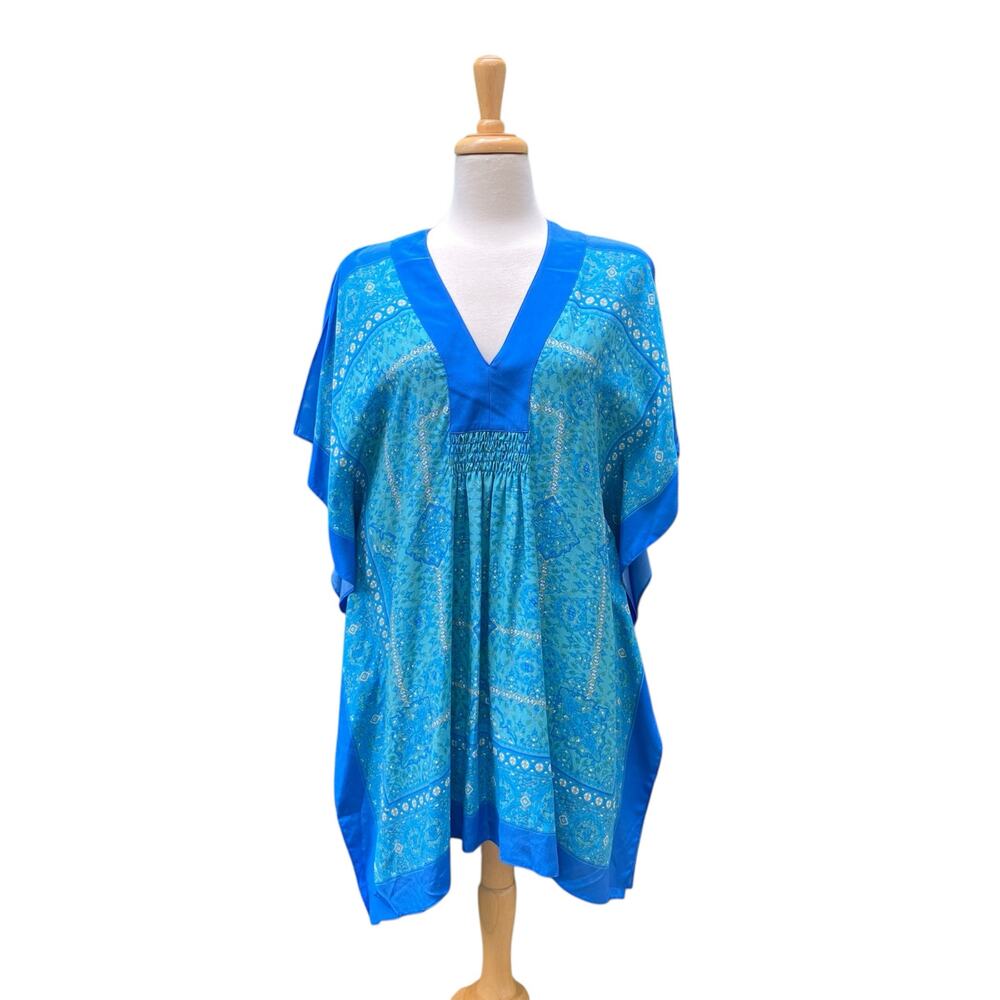 Coldwater Creek 100% Silk Blue Floral Paisley V-Neck Boho Tunic Caftan Top S/M
